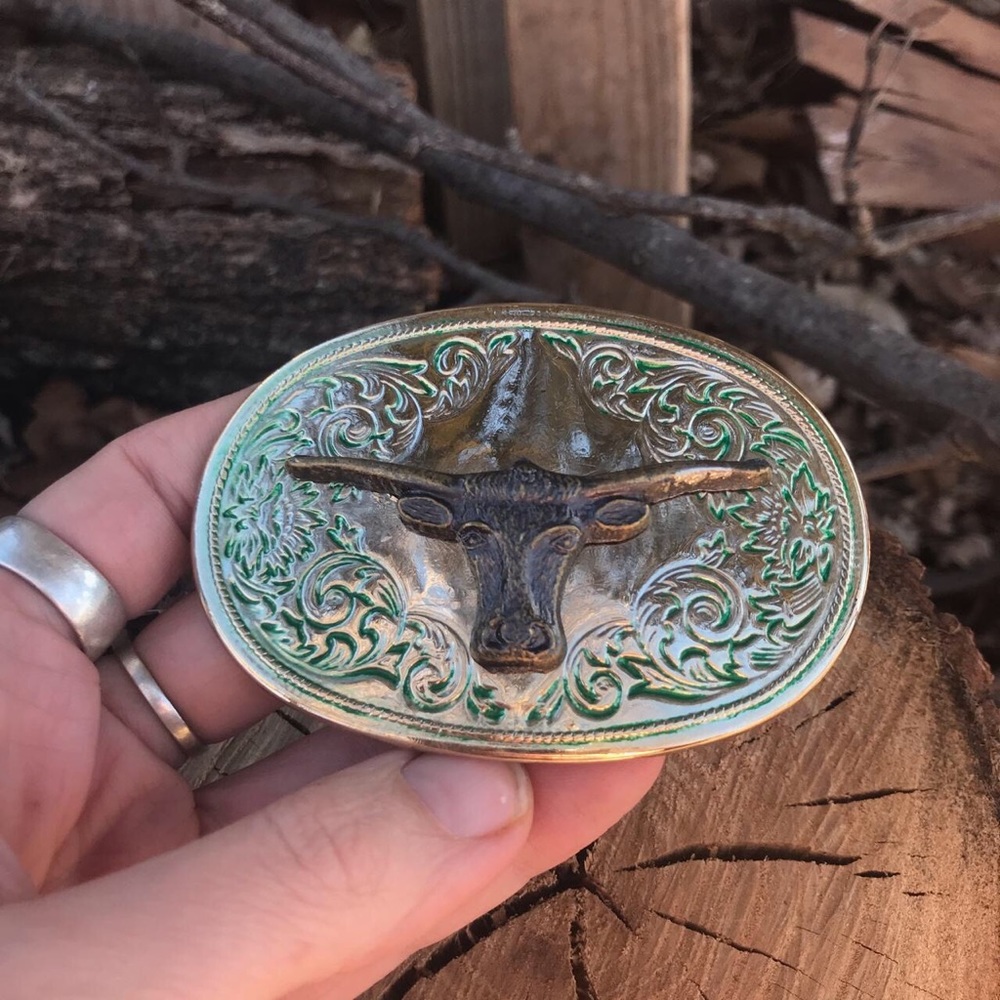 Vintage green and gold tone western belt buckle